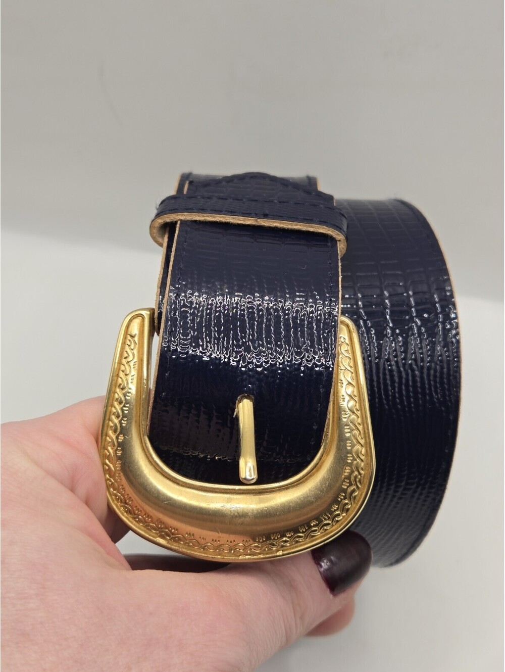 Navy Blue Faux Leather Belt Gold Western Buckle Crocodile Embossed Pattern Sz 44